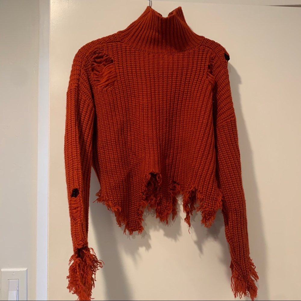 Brick Red ripped Turtleneck Sweater